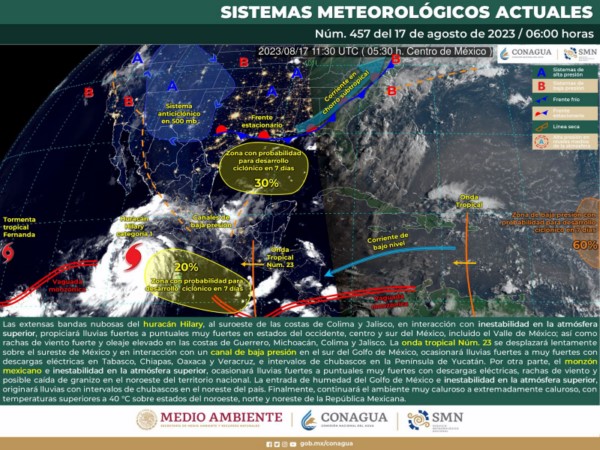 Acercamiento de la onda tropical número 23 provocará lluvias moderadas en el estado