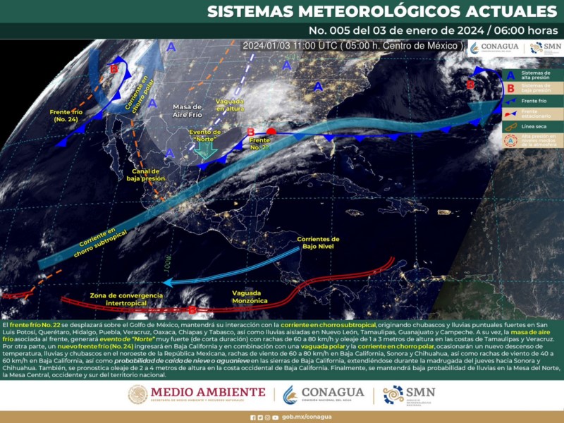 Frente frío número 22 dejará lluvias, temperaturas bajas y evento de norte en el estado