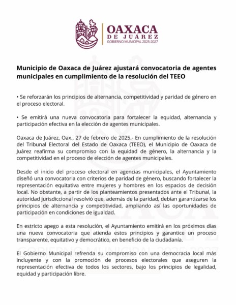 Municipio de Oaxaca de Juárez ajustará convocatoria de agentes municipales en cumplimiento de la resolución del TEEO