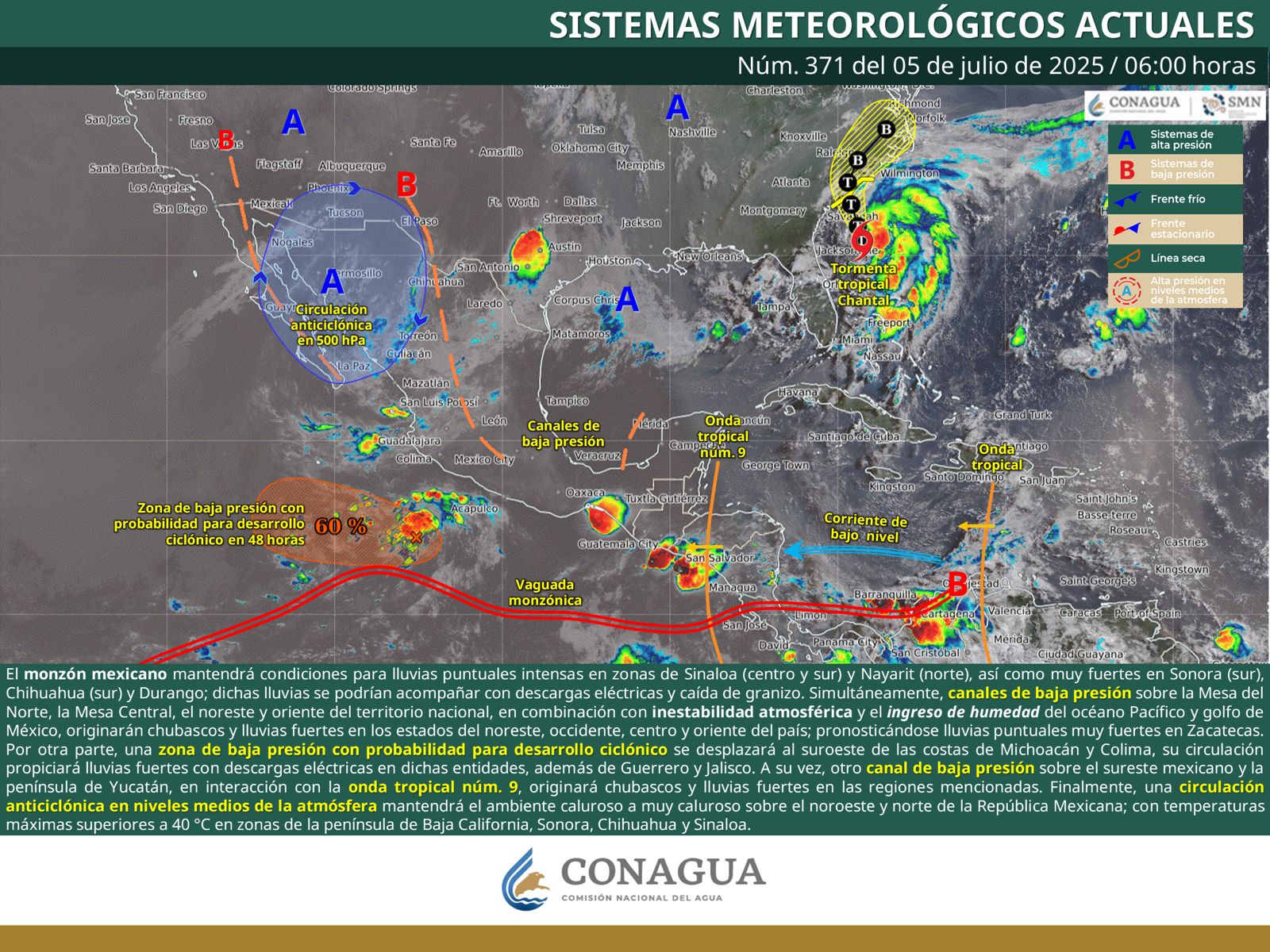 Continuarán lluvias dispersas por onda tropical número 9 y la vaguada monzónica en Oaxaca