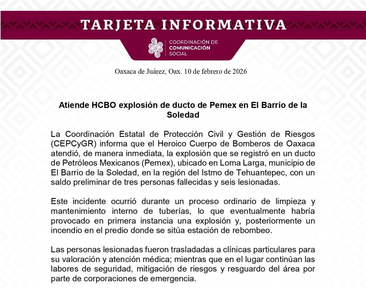 Atiende HCBO explosión de ducto de Pemex en El Barrio de la Soledad…