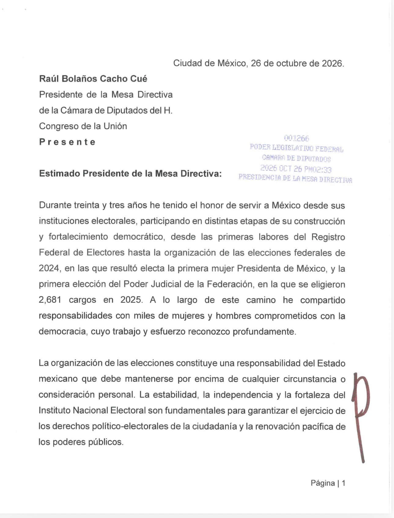 Notifican diputados Raúl Bolaños y Ricardo Monreal recepción del oficio sobre la renuncia de Guadalupe Taddei a la presidencia del INE