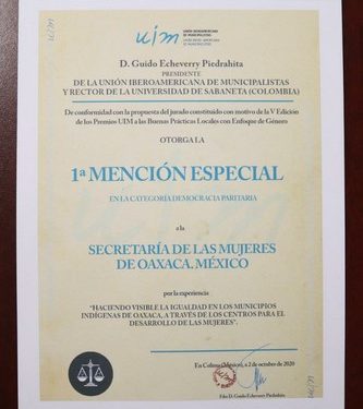 ·         El Gobierno del Estado recibió la Mención Especial en la categoría "Democracia Paritaria"