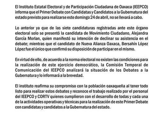 Elizabeth Sanchez Gonzalez Presidenta del IEEPCO, acompañada del Comite de Comunicación Social se reunieron para dar un mensaje a los medios de Comunicación, por el motivo de cancelación del primer debate de los candidatos a Gobernador # Debate Oaxaca 2022, programado para este dia a las 18 hrs,.